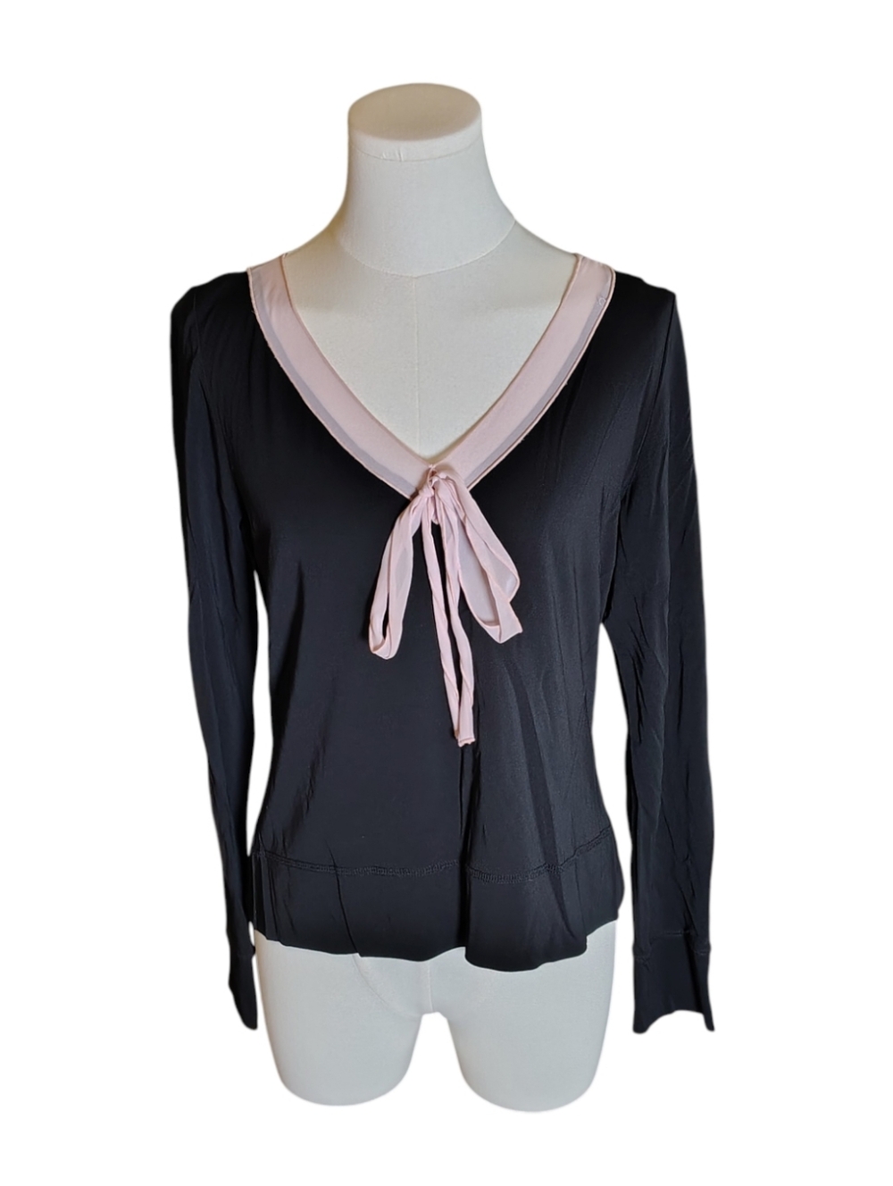 Vintage I.N.C Black Long Sleeve Blouse With Pink Neckline and Bow Size Medium